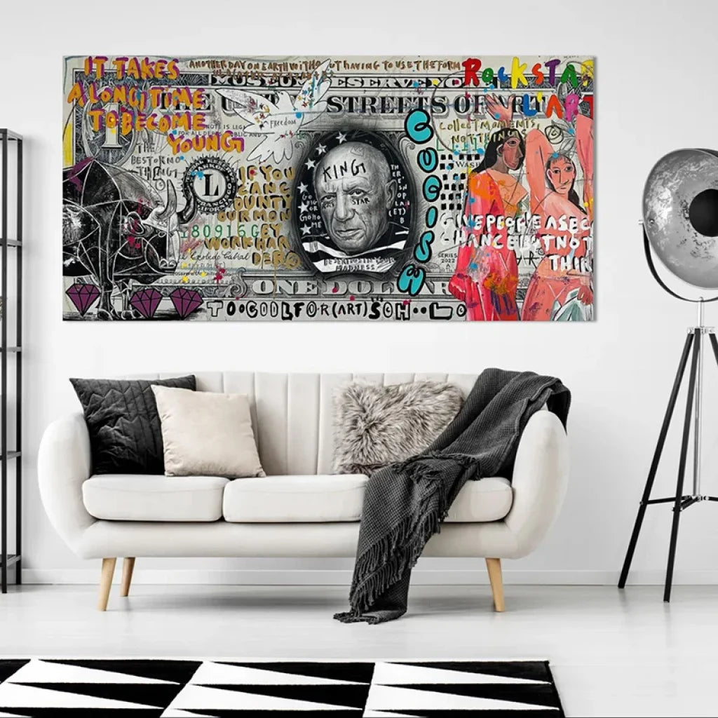 Tableau street art Un Dollar Pour Picasso avec portrait et graffiti coloré