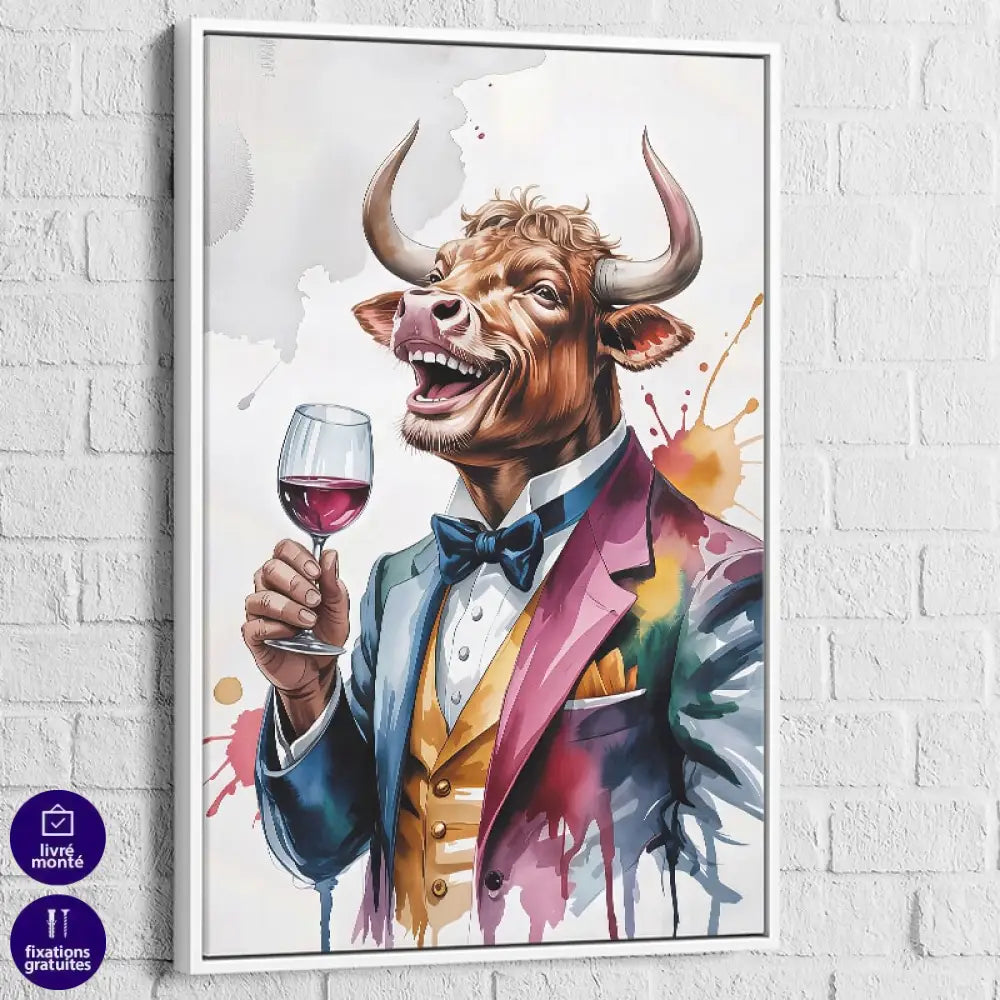 Tableau Taureau Dandy cadre blanc – décoration murale lumineuse