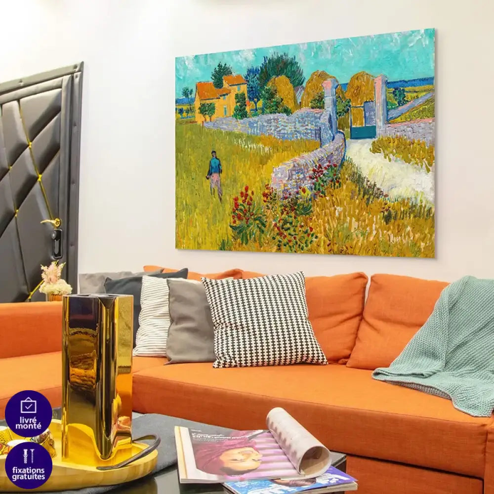 Gros plan des empâtements de peinture, herbes et fleurs rouges au premier plan