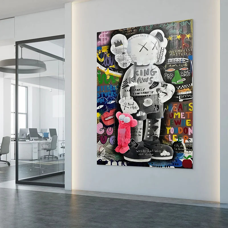 tableau graffiti icônes pop couronne étoiles messages ironiques