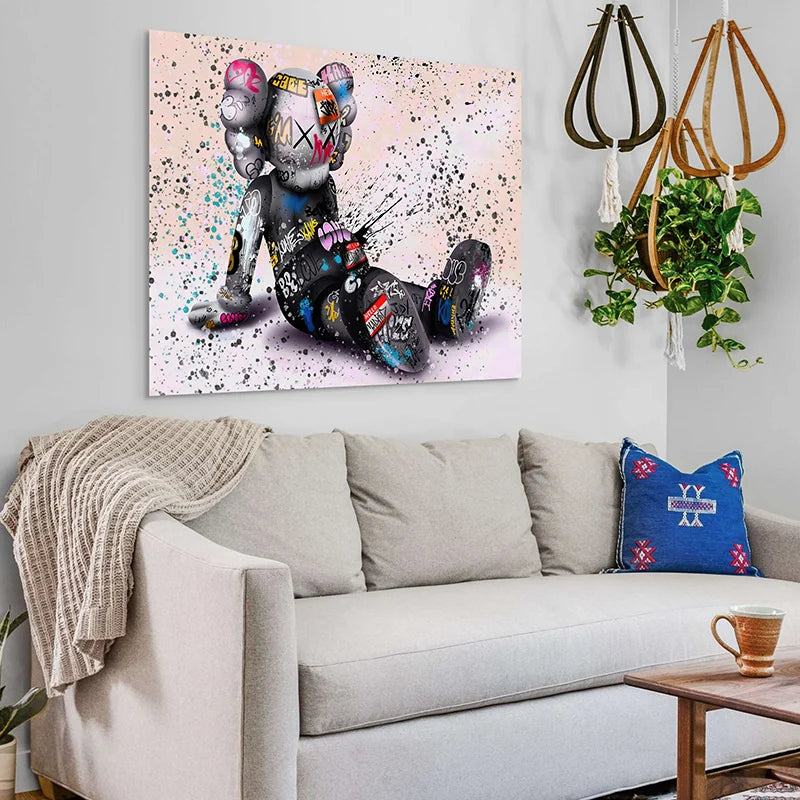 tableau graffiti urbain fond pastel rose gris bleu déco urbaine moderne