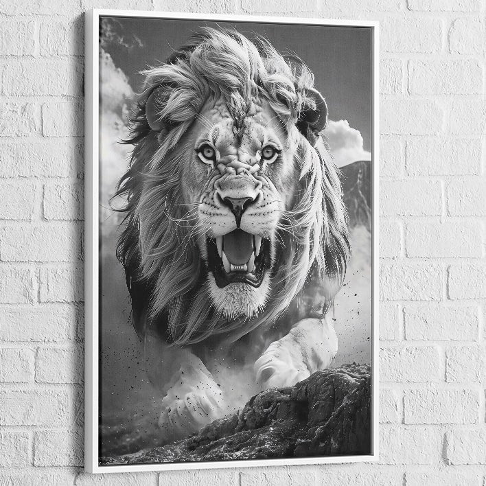 tableau lion face au roi avec cadre blanc