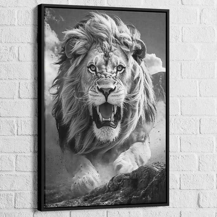 tableau lion face au roi avec cadre noir