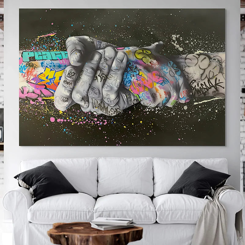 tableau street art mains graffiti sur fond noir