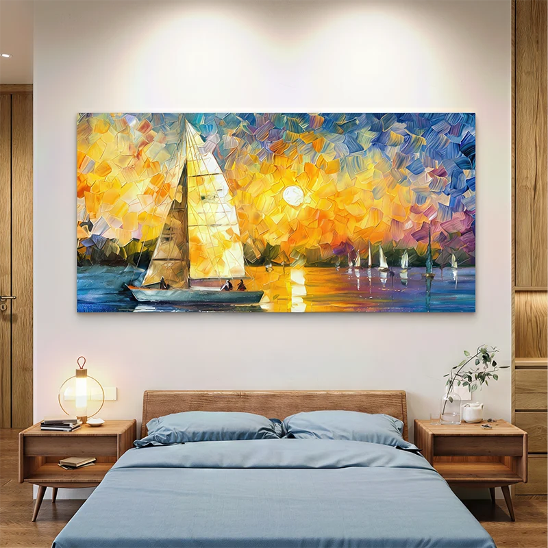 Œuvre murale moderne représentant la mer et la lumière du soir