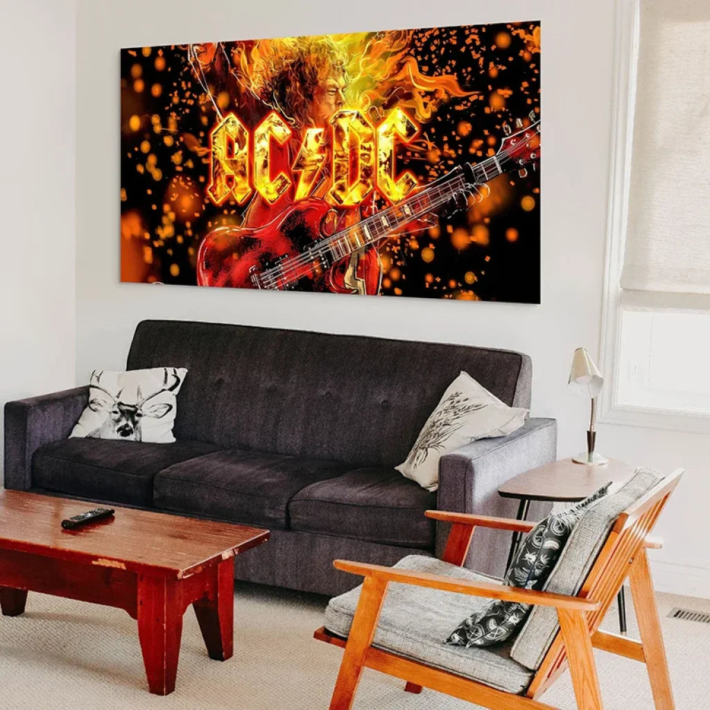 Tableau ACDC Fire, lettres incandescentes et guitare rouge