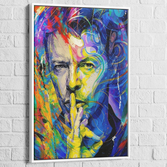 Tableau David Bowie pop art avec cadre blanc, finition lumineuse