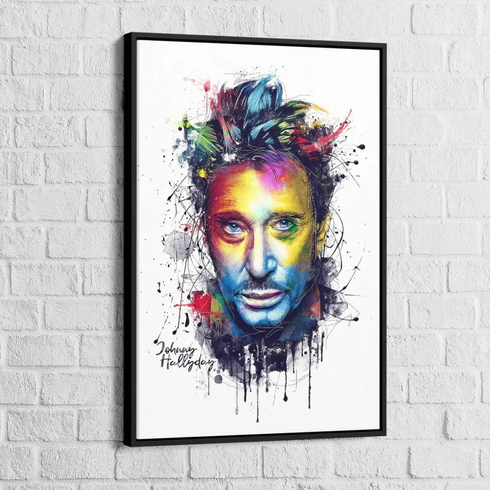 Tableau Johnny Hallyday aquarelle avec cadre noir, contraste élégant