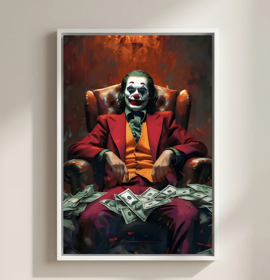 Tableau Joker Clown Riche cadre flottant blanc, déco moderne contrastée