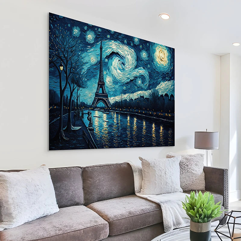 Tableau Paris – Nuit étoilée sur la Tour Eiffel, reflets dorés sur la Seine