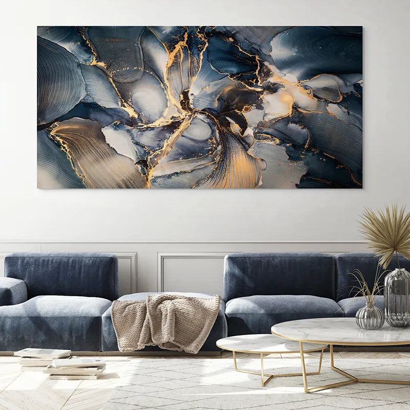 Tableau art contemporain marbrures bleues et éclats d’or