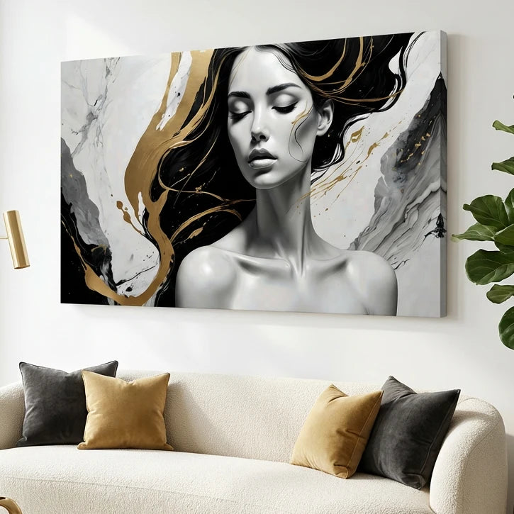 Tableau femme noir et or art abstrait décoration murale