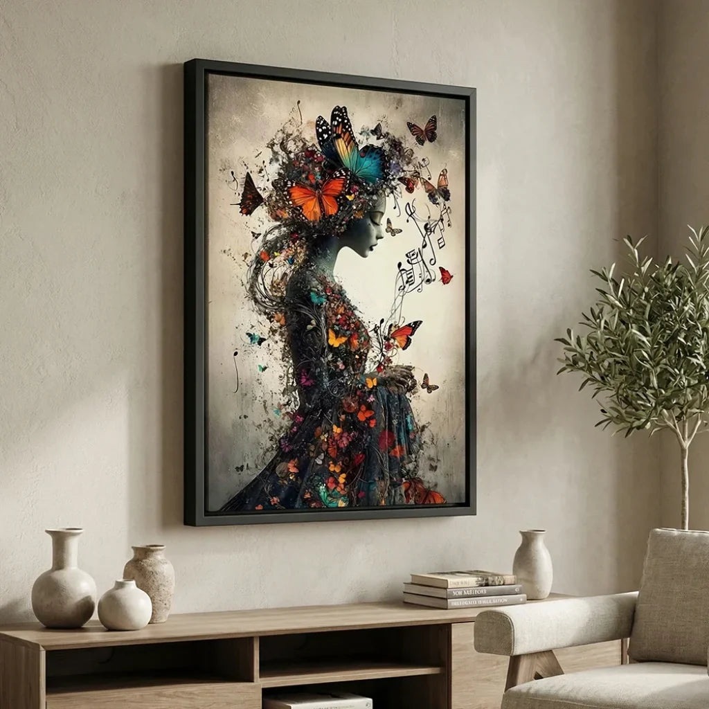Tableau mural artistique femme rêveuse, papillons multicolores et musique, style abstrait