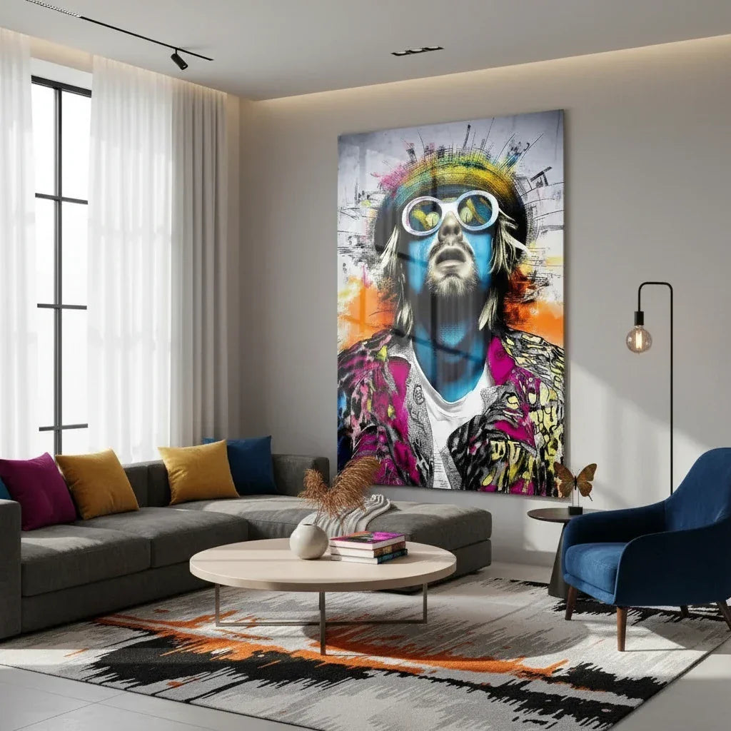 Tableau pop art rock portrait homme lunettes blanches et chapeau