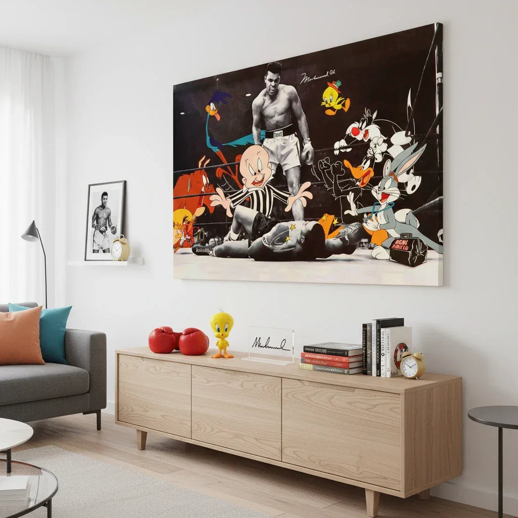 Tableau street art boxing pop culture avec personnages cartoons et scène de ring