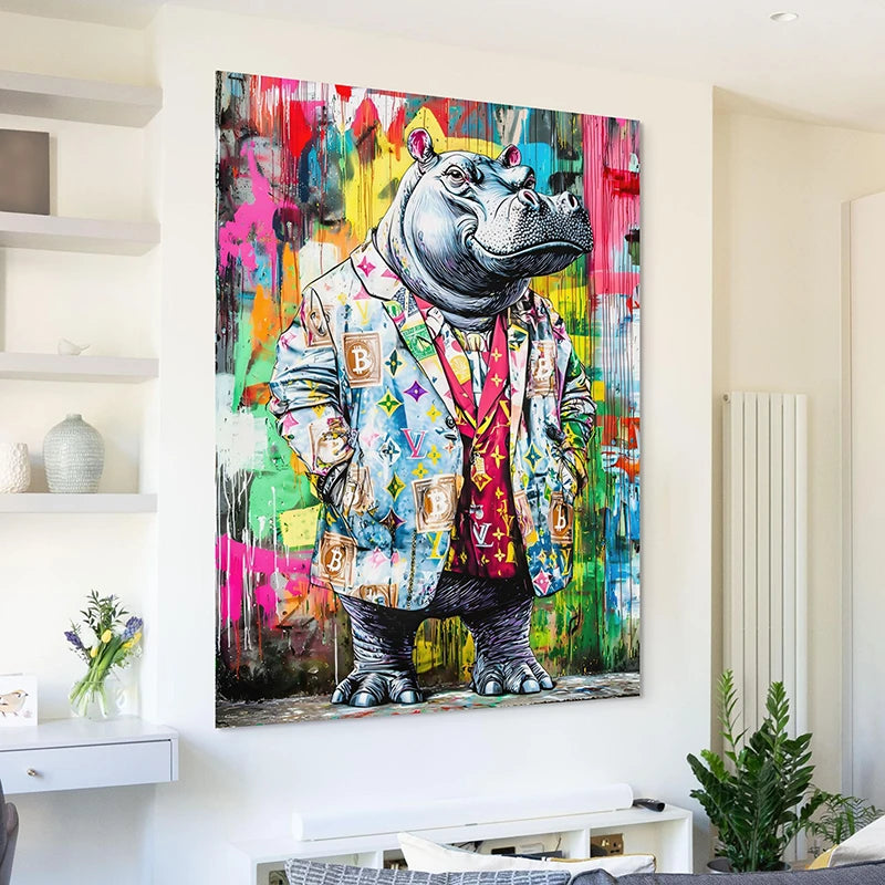 Tableau street art hippopotame en costume pop couleurs vives