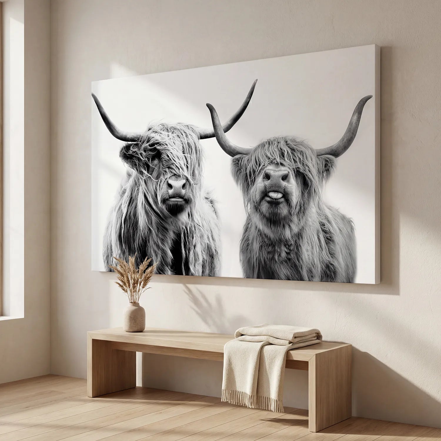 Toile Vaches Highland Noir et Blanc, impression sur châssis tendu pour salon ou chambre