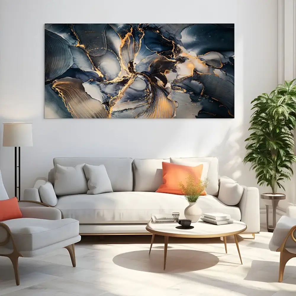 Grand format XXL tableau abstrait bleu or pour salon moderne