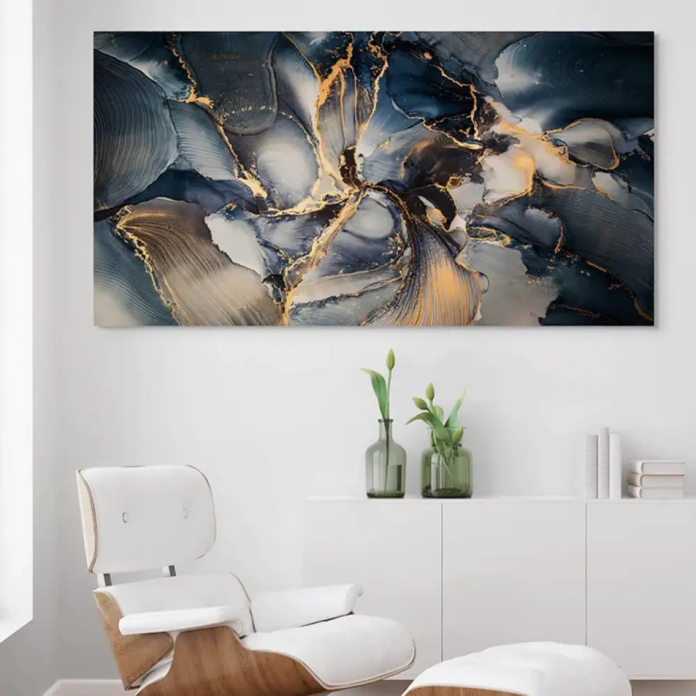 Tableau décoratif abstrait bleu pétrole avec veines dorées