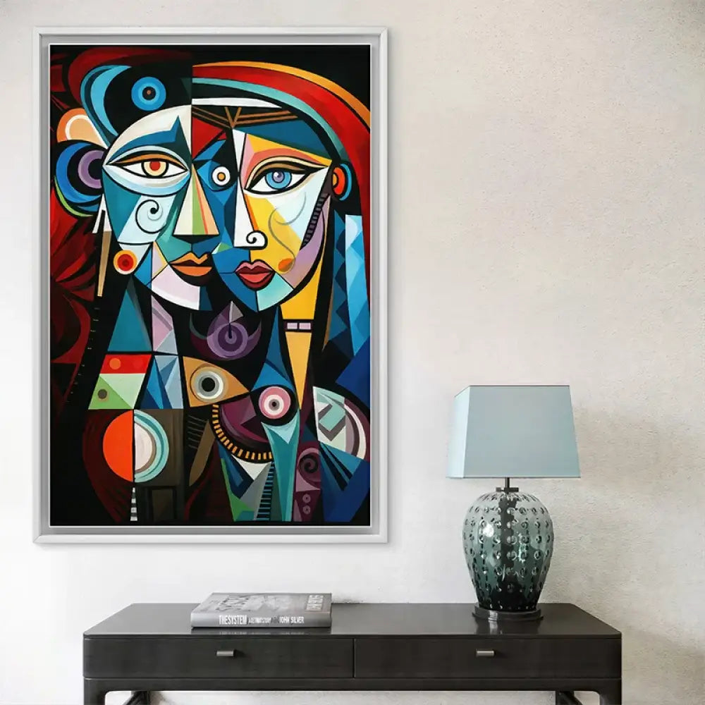 Toile abstraite avec formes géométriques et visages

