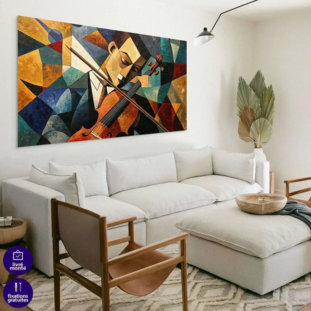 Tableau abstrait musicien – archet et violon, style cubiste contemporain