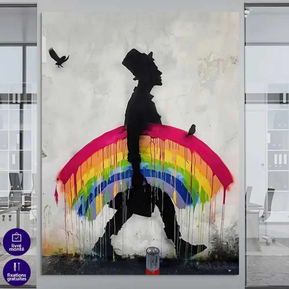 Tableau Banksy – Marcheur à l’Arc-en-Ciel, style graffiti/pochoir