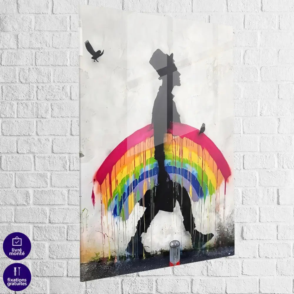 Tableau Banksy – Marcheur à l’Arc-en-Ciel en plexiglas brillant