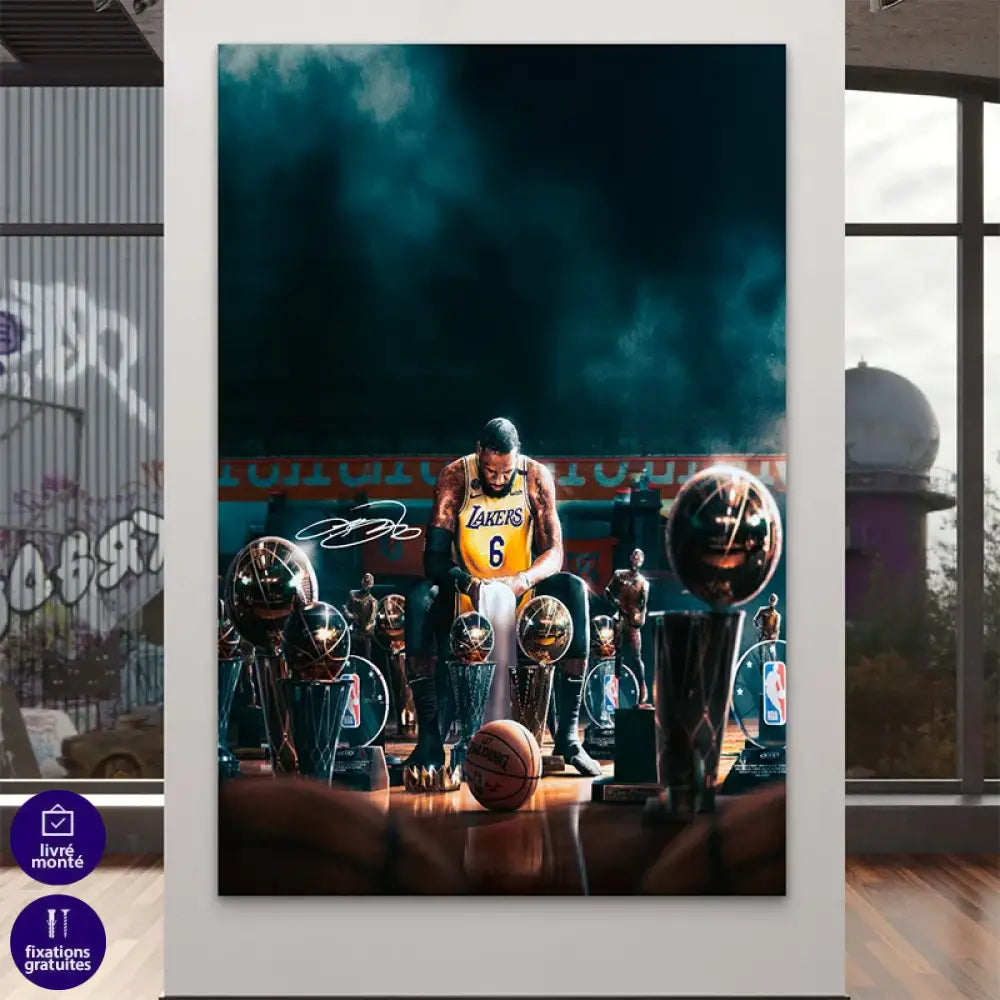 Tableau LeBron James entouré de ses titres de champion NBA

