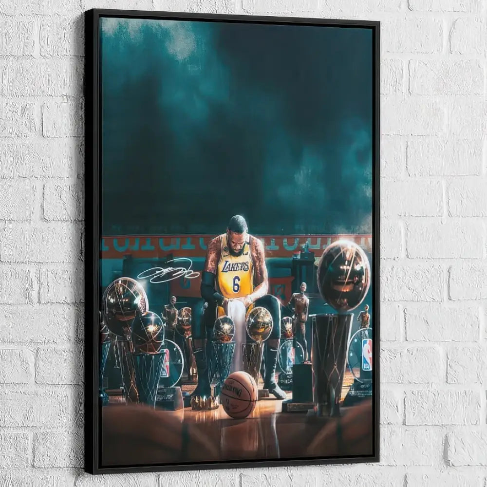 Illustration LeBron James dans les vestiaires avec ses trophées

