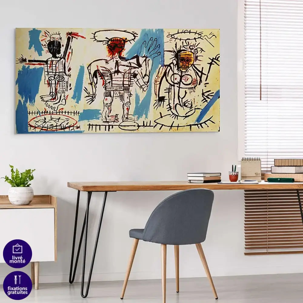 tableau graffiti basquiat traits noirs nerveux touches rouges