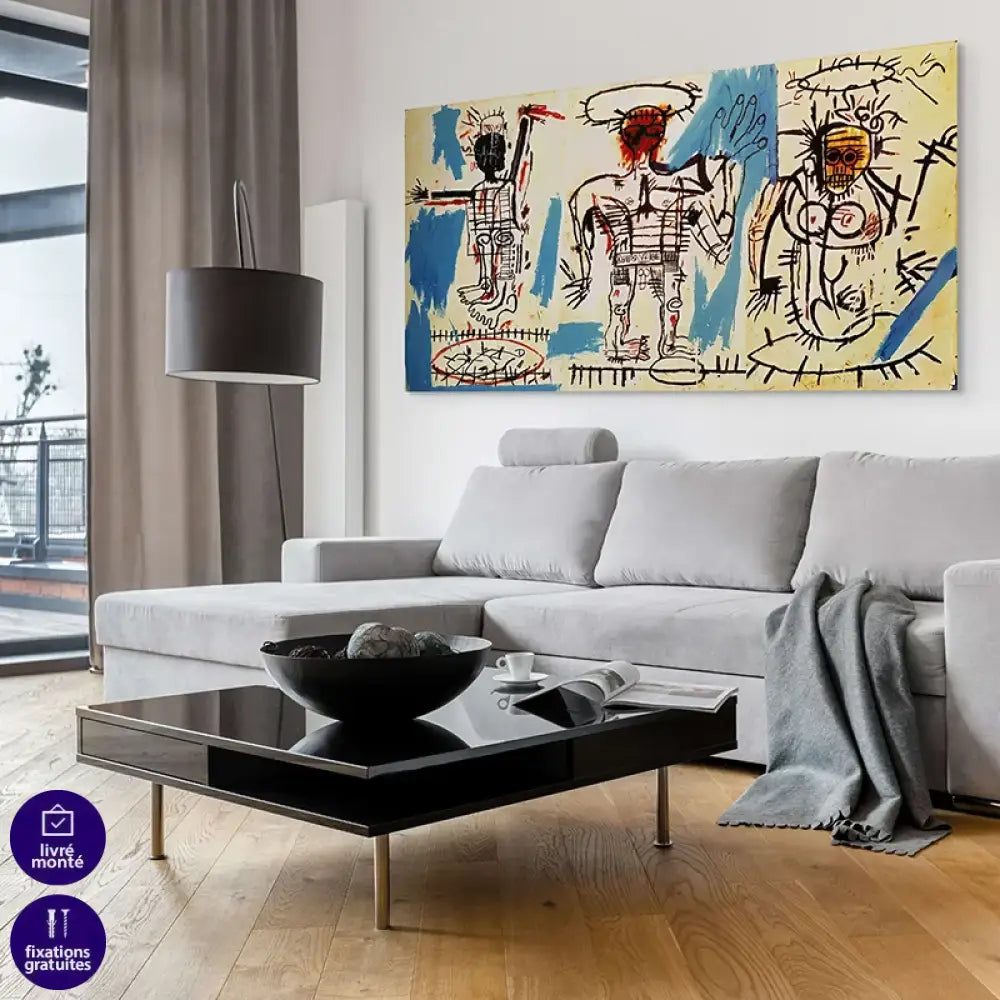 art mural basquiat silhouettes schématiques fond crème et bleu