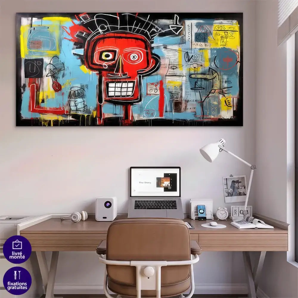 Toile imprimée style street art avec couleurs vives et symboles abstraits

