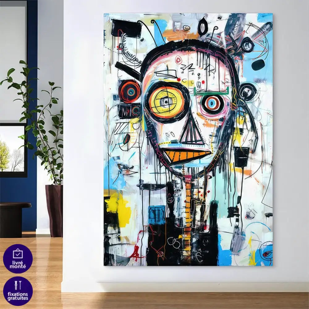 Zoom sur les détails graphiques et couleurs vives du tableau Basquiat L’Art de la Folie