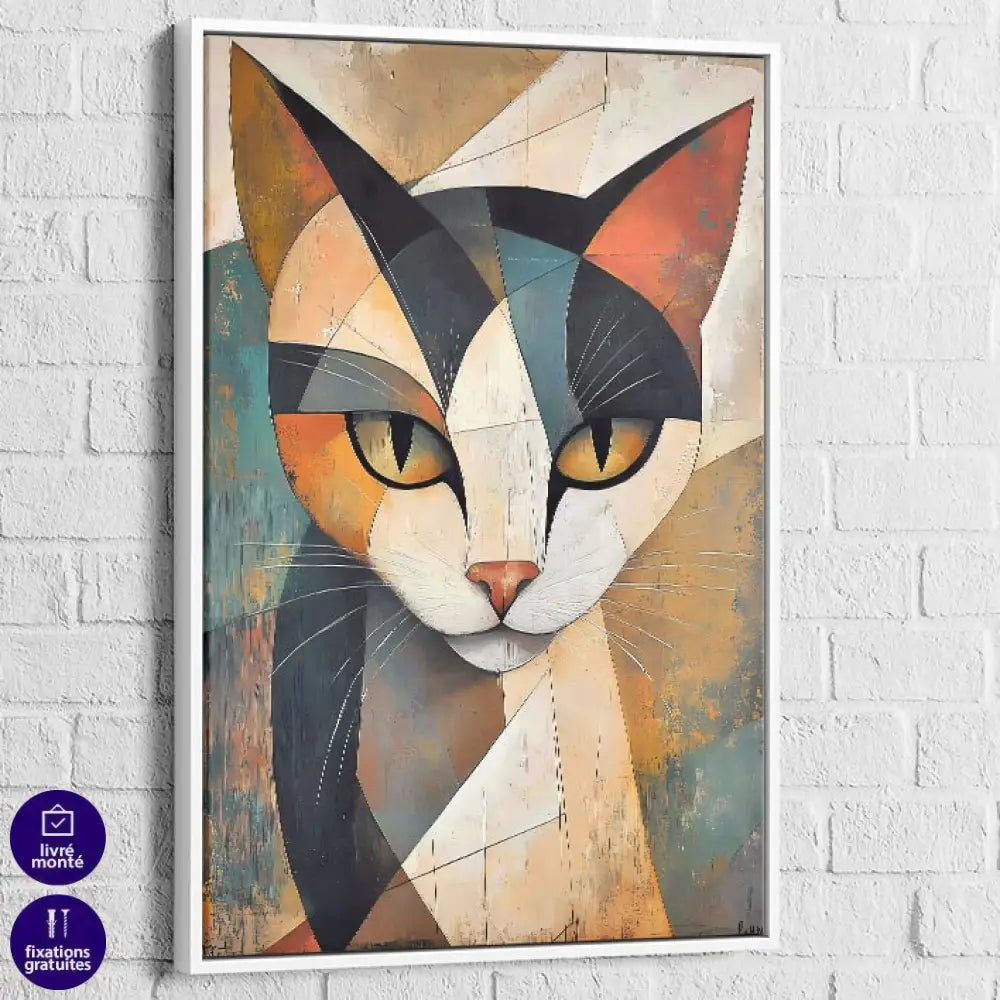 Tableau Chat à Facettes 40x60cm / Cadre Blanc Tableau Chat