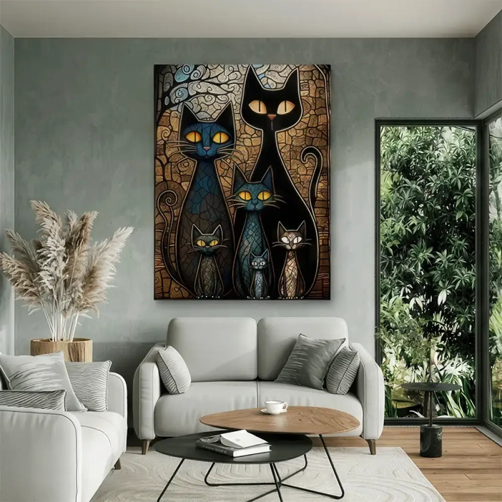 Tableau moderne de chats style vitrail – La Famille Félidé