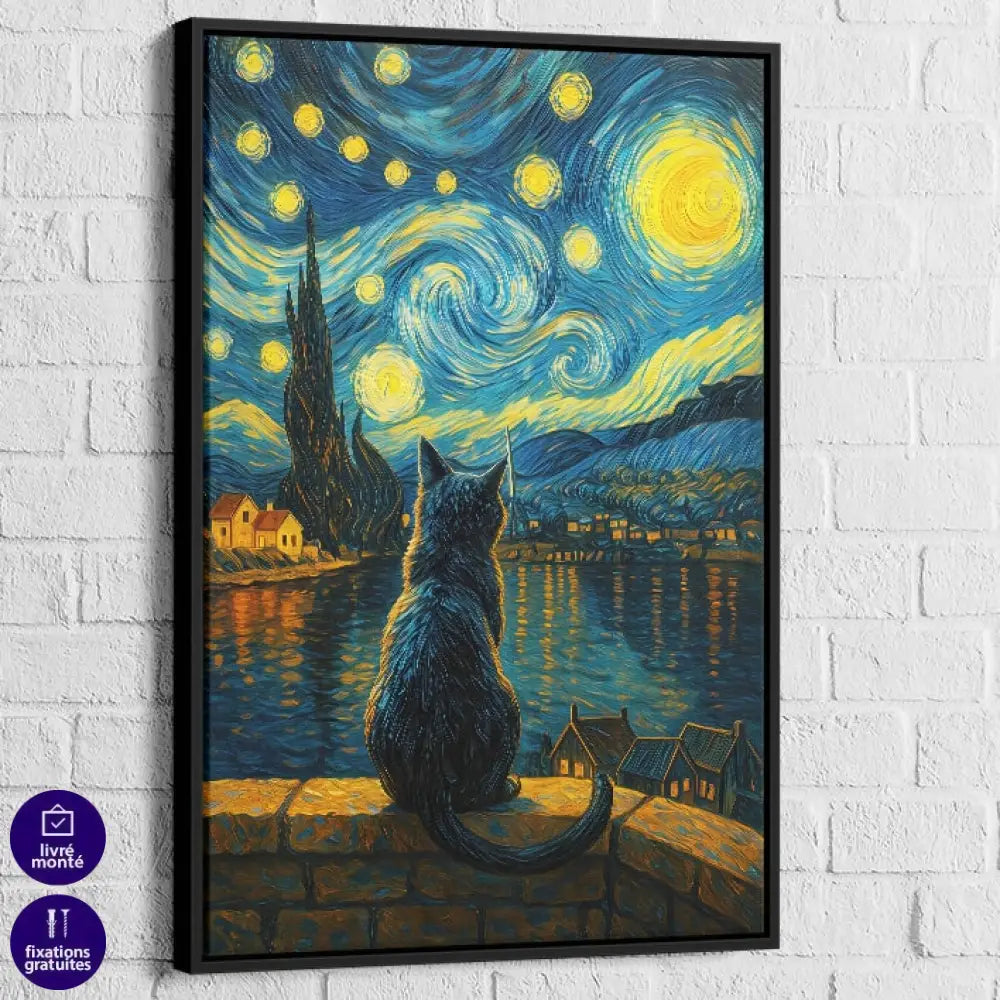 Impression haute qualité d’un tableau chat noir sous les étoiles pour une ambiance apaisante

