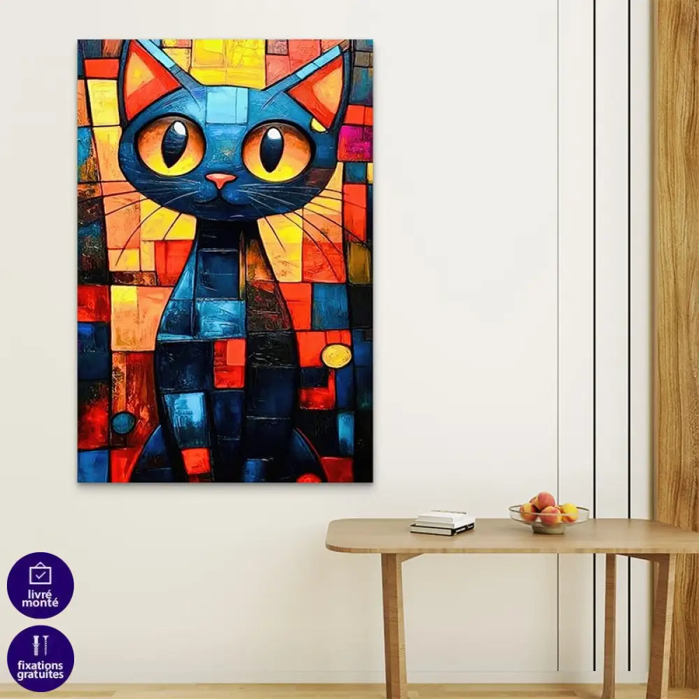 Décoration murale originale et colorée avec un chat au style street art et regard hypnotique