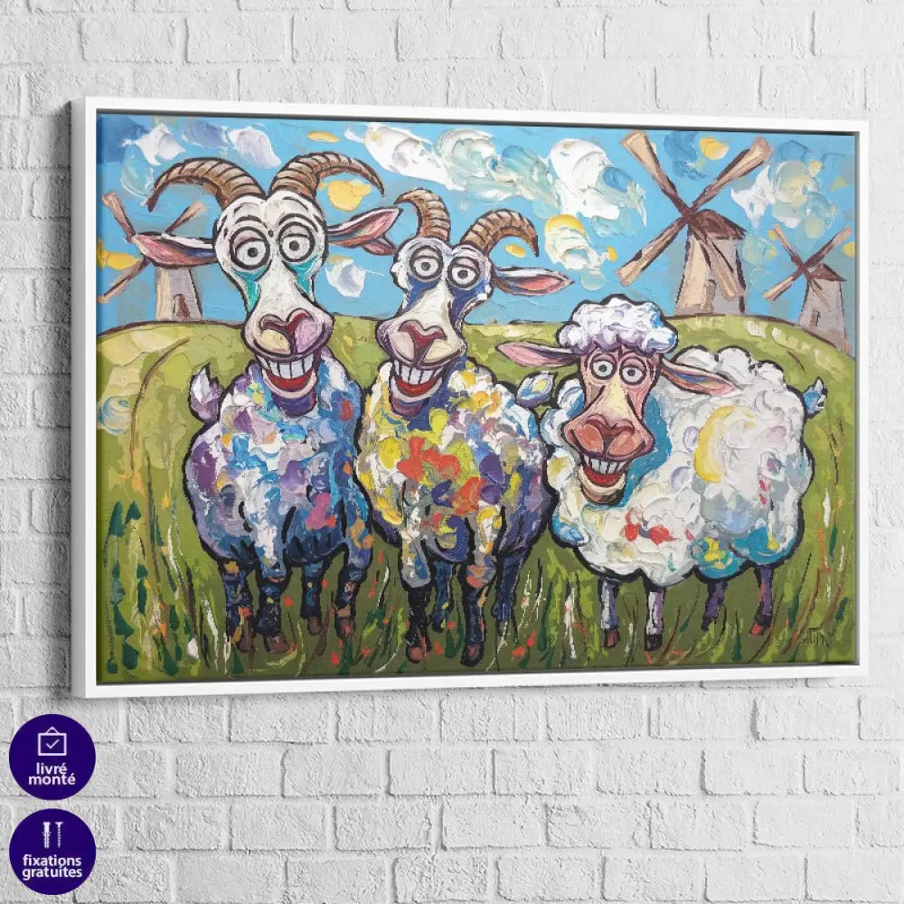 Tableau Chèvres et Brebis en Folie 40x60cm / Cadre Blanc Tableau Luxe