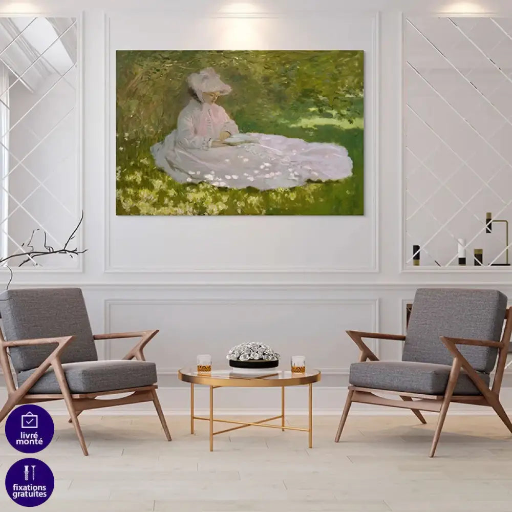 Reproduction impressionniste Claude Monet femme lisant au jardin