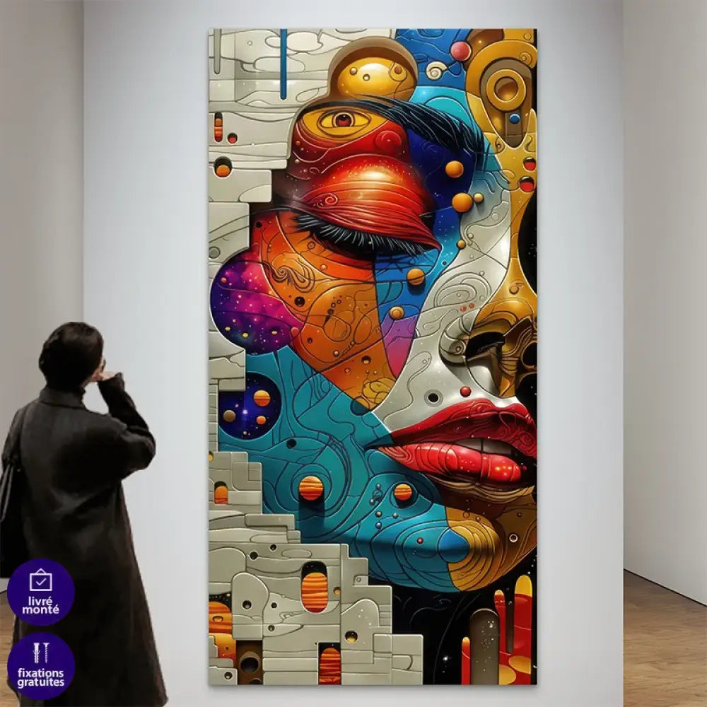 Visage éclaté multicolore avec éléments planétaires

