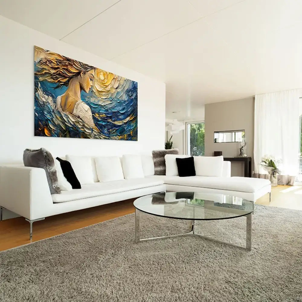 Tableau mural contemporain artistique femme et soleil en arrière-plan