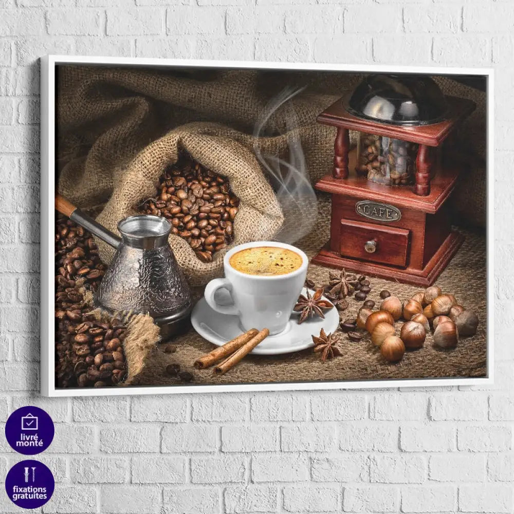 Tableau Cuisine Café et Grain 40x60cm / Cadre Blanc Tableau Cuisine