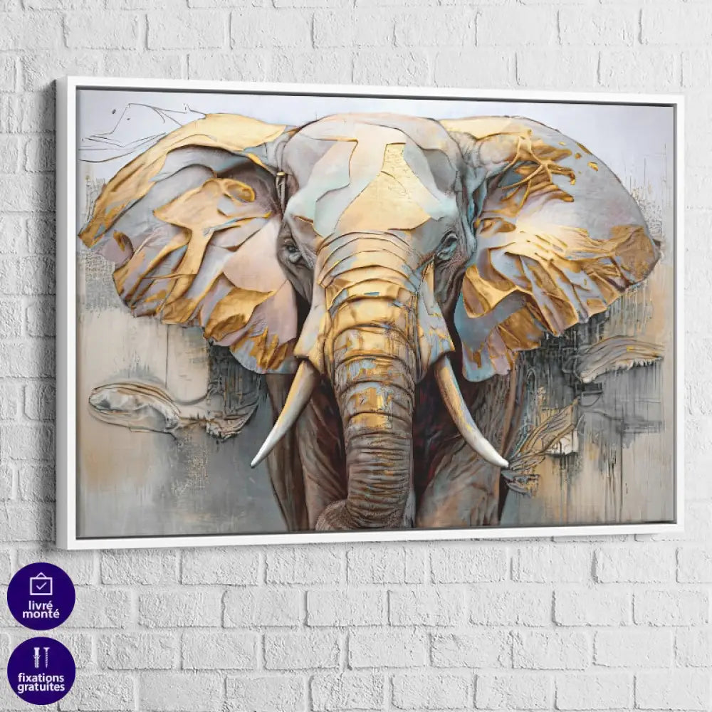 Tableau Éléphant Doré 40x60cm / Cadre Blanc Tableau Éléphant
