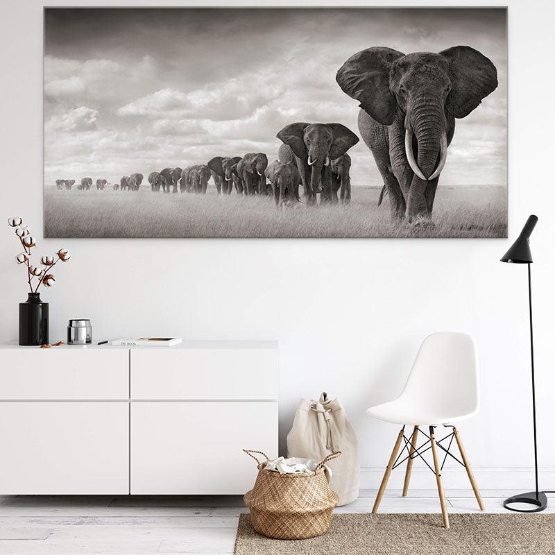 Tableau Éléphant Noir et Blanc le Troupeau - Montableaudeco