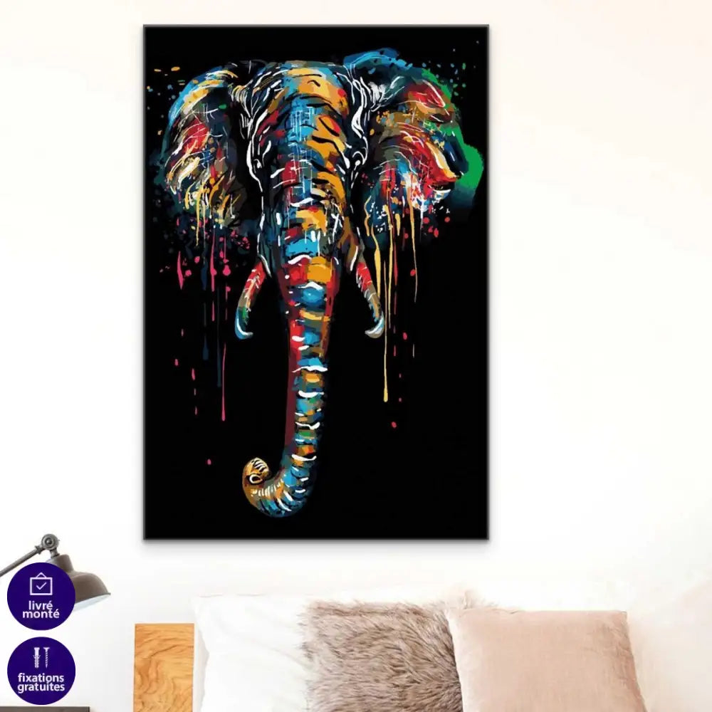 Tableau Eléphant Noir et Couleur - Montableaudeco