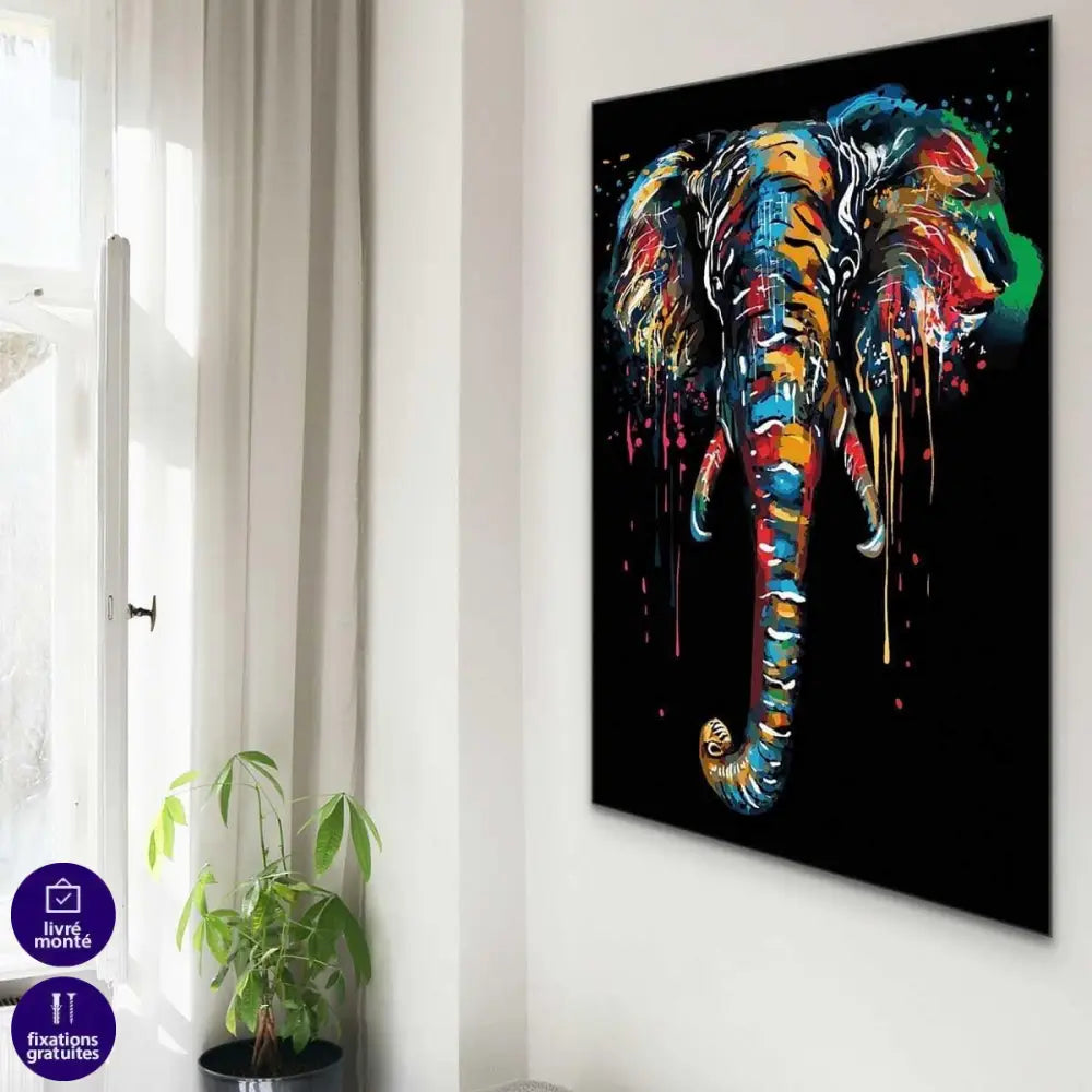 Tableau Eléphant Noir et Couleur - Montableaudeco