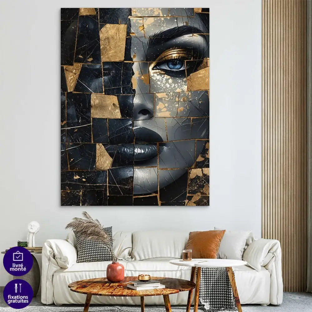 Tableau décoratif femme en mosaïque dorée et noire au style contemporain

