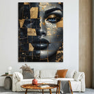 Tableau décoratif femme en mosaïque dorée et noire au style contemporain

