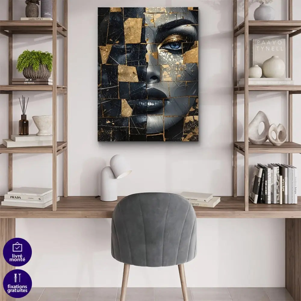 Visage féminin stylisé en éclats dorés sur fond noir et gris

