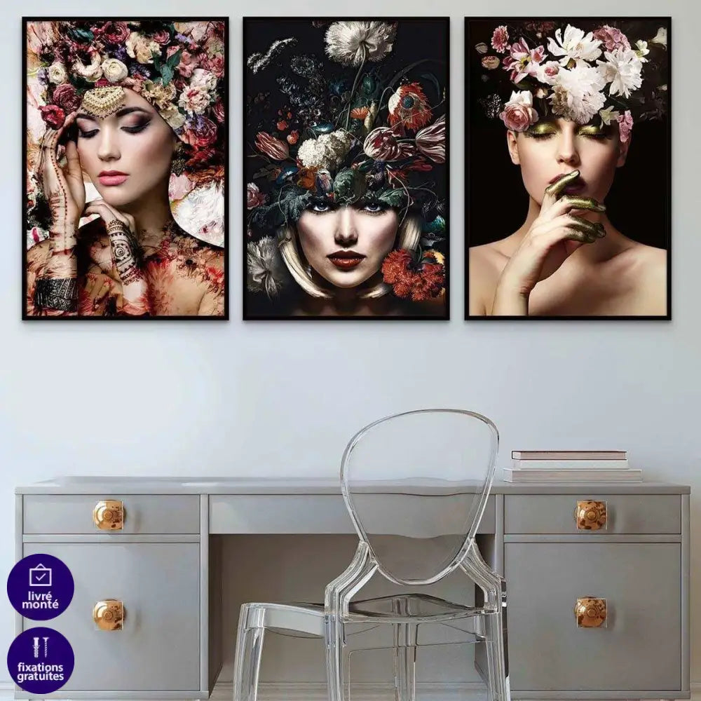 Tableau Femme de Fleurs 3 Pièces - Montableaudeco